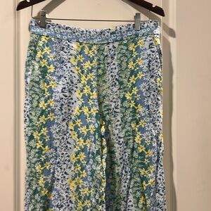 Like New Loft Linen blend wide leg crop floral PullOn elastic waist pants size S
